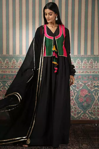 Black gown with multicolour jacket and dupatta