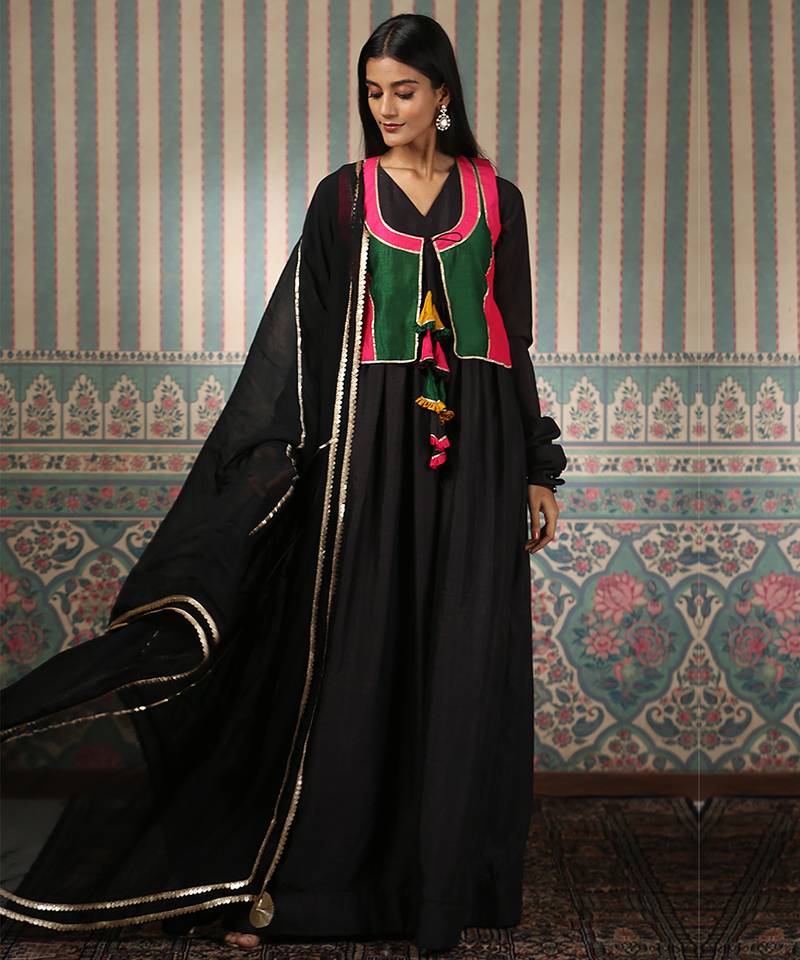 Black gown with multicolour jacket and dupatta