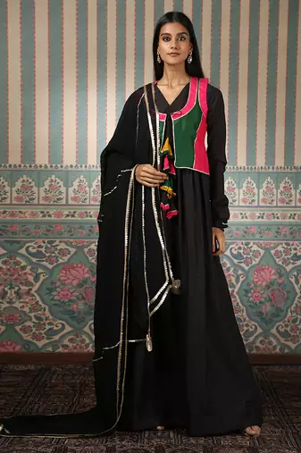 Black gown with multicolour jacket and dupatta