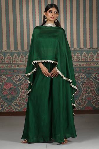 Green plain silk blend co ord set