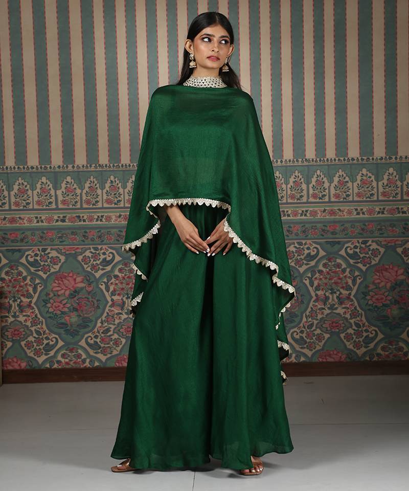 Green plain silk blend co ord set