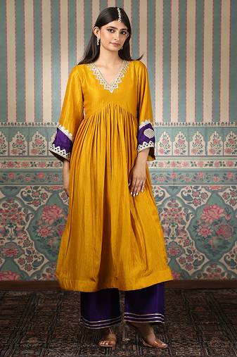 Mustard embroidered silk blend kurta set