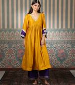 Mustard embroidered silk blend kurta set