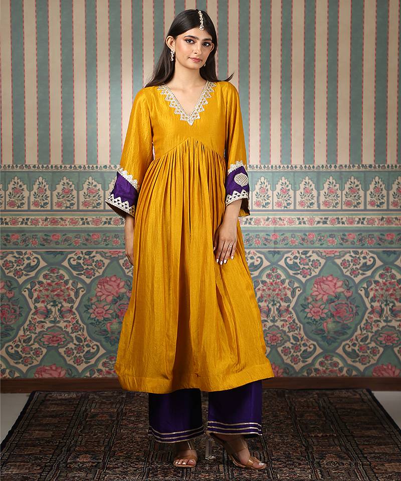 Mustard embroidered silk blend kurta set