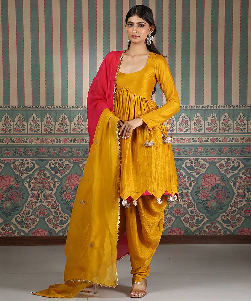 Mustard plain silk blend kurta set
