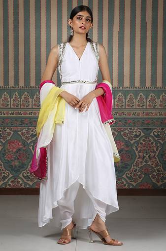 White embroidered silk blend kurta set