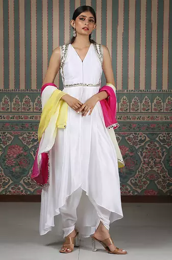 White embroidered silk blend kurta set