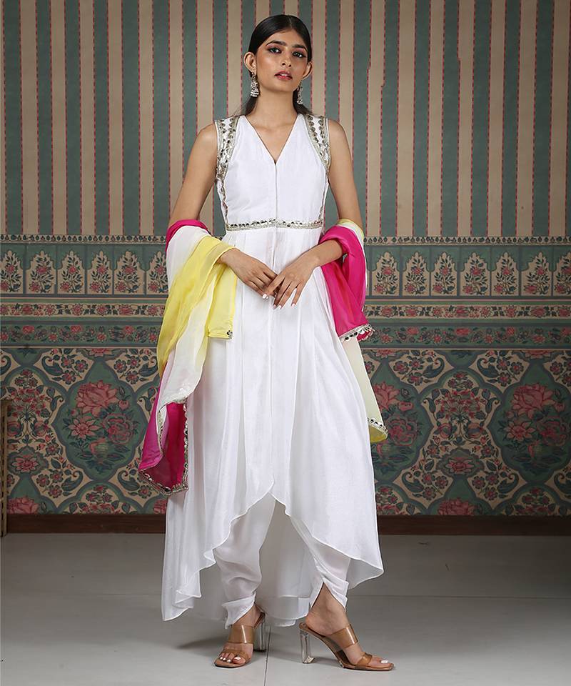 White embroidered silk blend kurta set