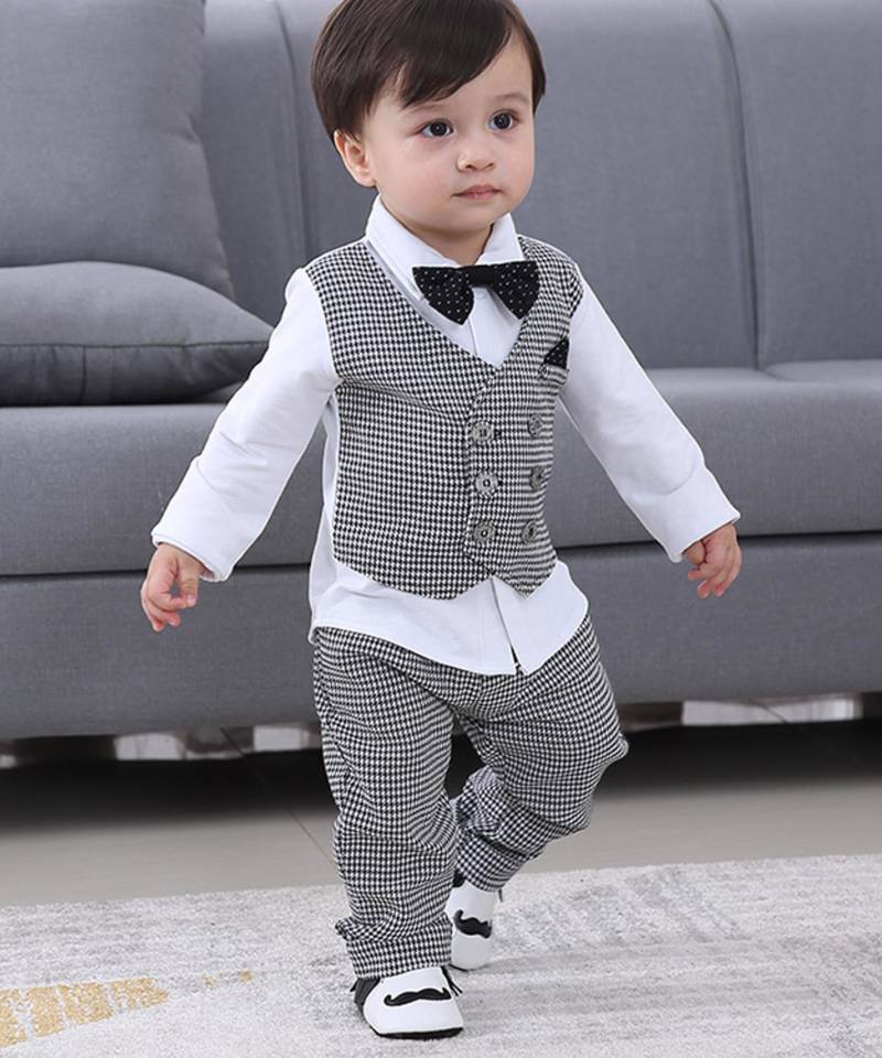 Baby boys party wear 3-piece suit set (shirt, waistcoat & pant with bow tie)