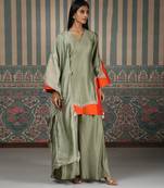 Green embroidered silk blend kurta set