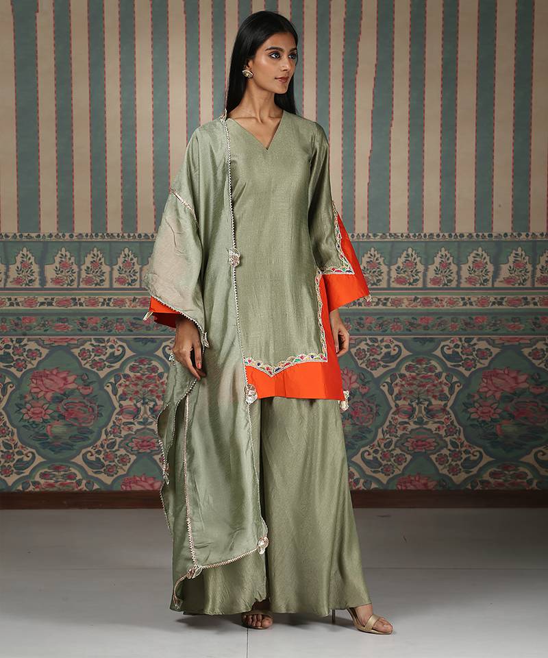 Green embroidered silk blend kurta set