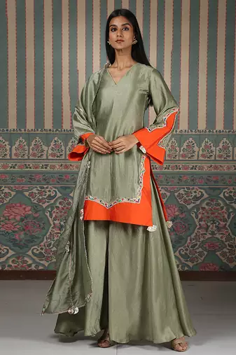 Green embroidered kurta set