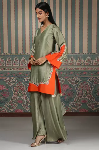 Green embroidered kurta set