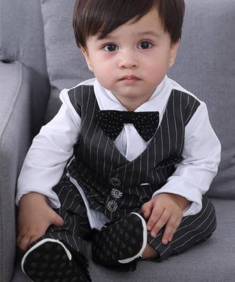 Baby boys party wear 3-piece suit set (shirt, waistcoat & pant with bow tie) 4