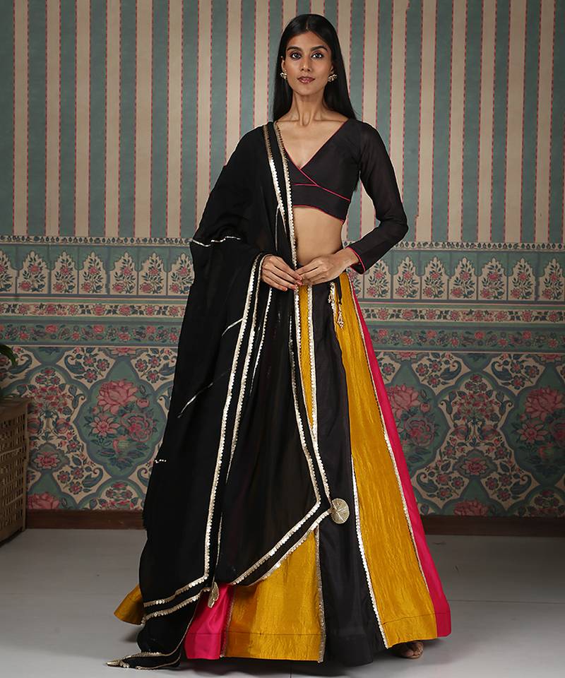 multicolor embroidered silk lehenga set