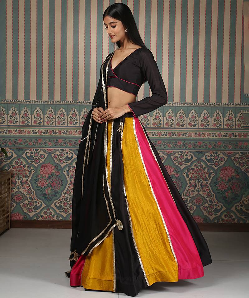 multicolor embroidered silk lehenga set