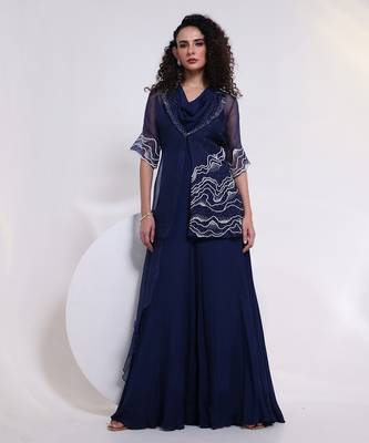 Blue embroidered chinon jumpsuit with jacket 1