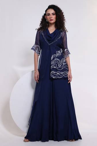 Blue embroidered chinon jumpsuit with jacket