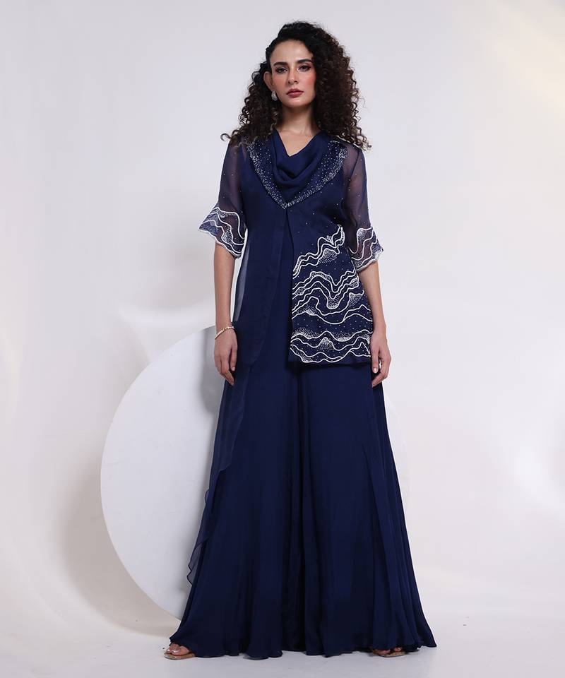 Blue embroidered chinon jumpsuit with jacket