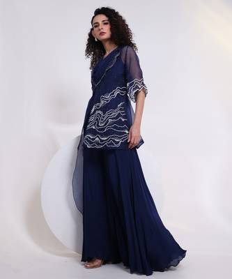 Blue embroidered chinon jumpsuit with jacket 3