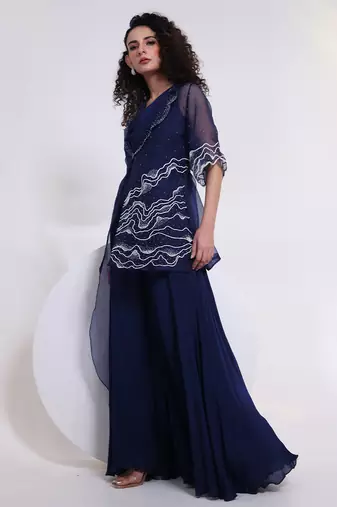 Blue embroidered chinon jumpsuit with jacket