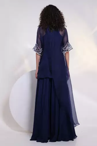 Blue embroidered chinon jumpsuit with jacket