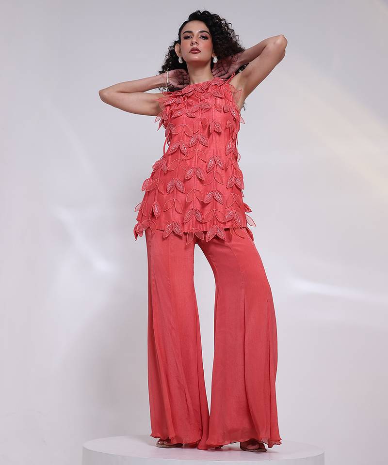 Pink embroidered silk co ord set