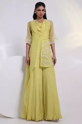 Green embroidered chinon jumpsuit with jacket