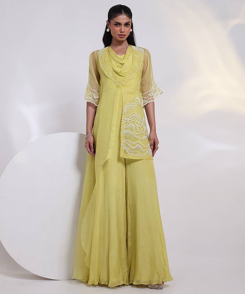 Green embroidered chinon jumpsuit with jacket