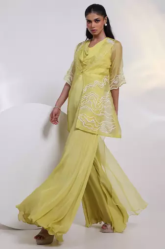 Green embroidered chinon jumpsuit with jacket