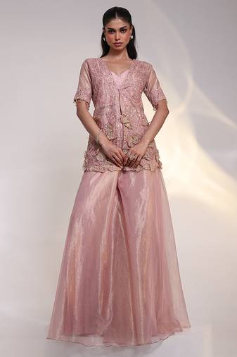 Pink embroidered silk jumpsuit with jacket