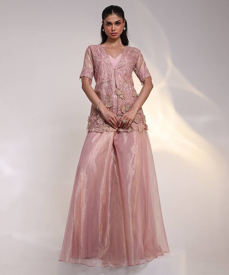 Pink embroidered silk jumpsuit with jacket