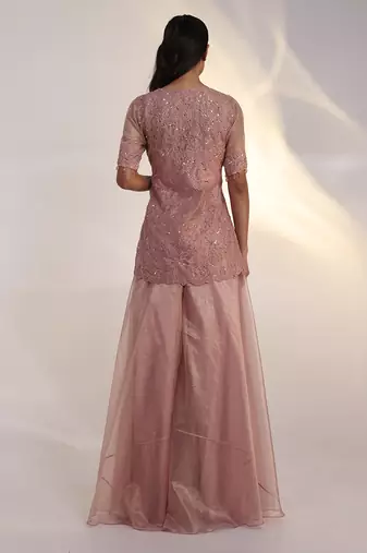 Pink embroidered silk jumpsuit with jacket