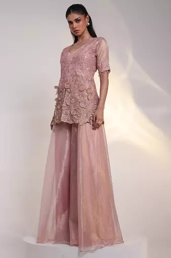 Pink embroidered silk jumpsuit with jacket
