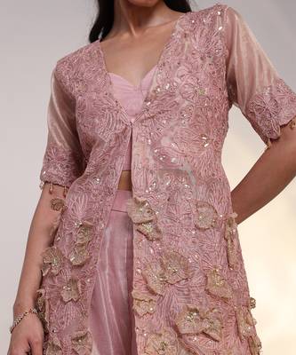 Pink embroidered silk jumpsuit with jacket 4