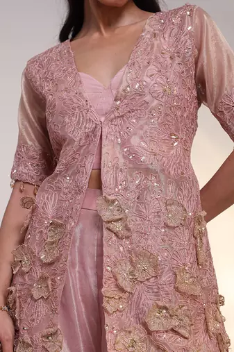 Pink embroidered silk jumpsuit with jacket