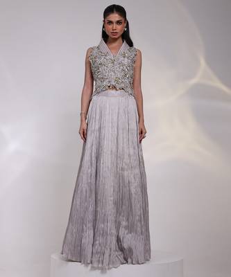 Grey embroidered tissue Lehenga Set 1
