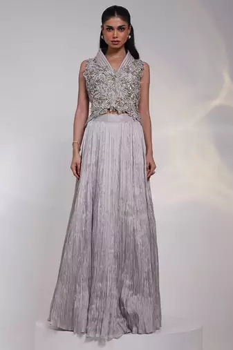 Grey embroidered tissue Lehenga Set