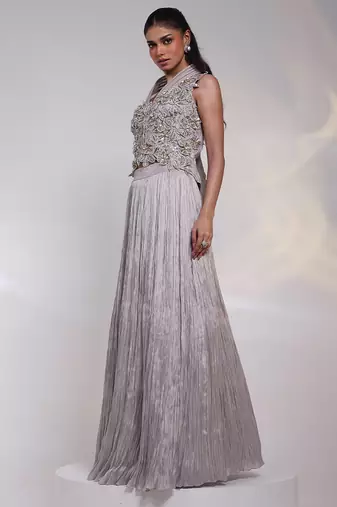Grey embroidered tissue Lehenga Set