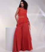 Orange embroidered crepe co ord set with cape