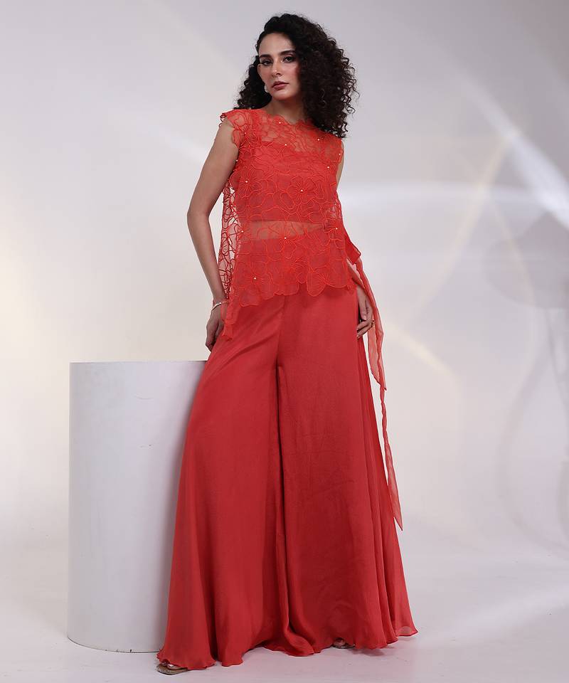 Orange embroidered crepe co ord set with cape