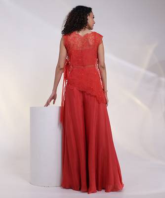 Orange embroidered crepe co ord set with cape 3