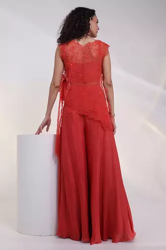 Orange embroidered crepe co ord set with cape