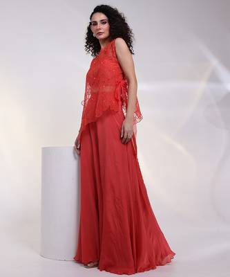 Orange embroidered crepe co ord set with cape 4