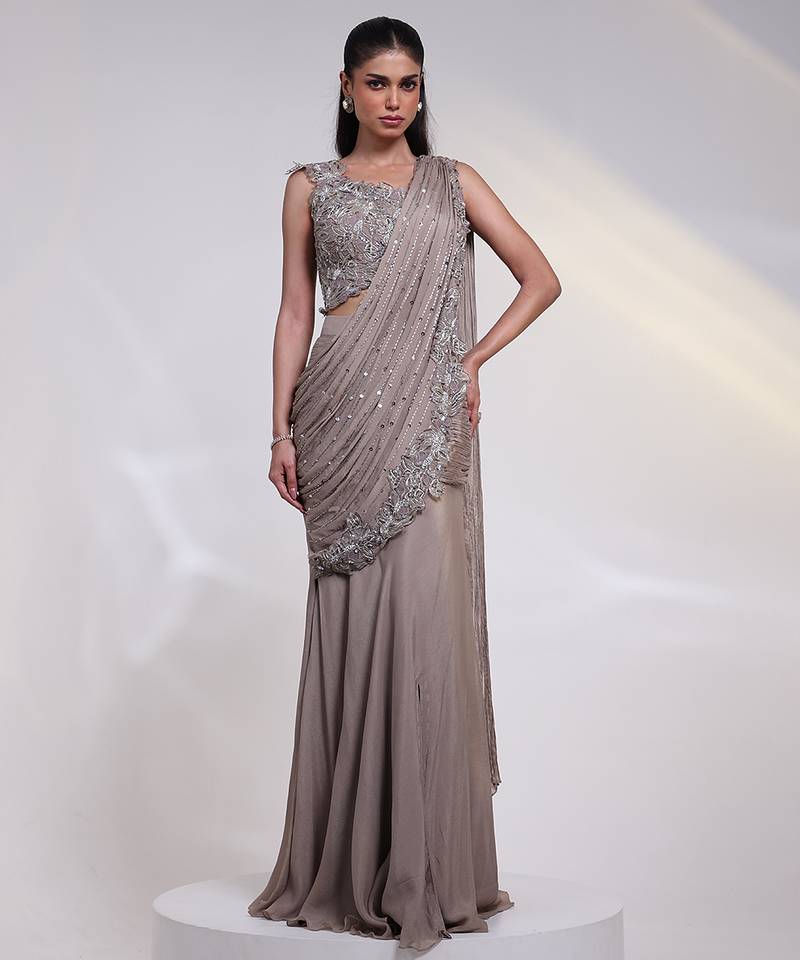 Grey embroidered silk co ord set