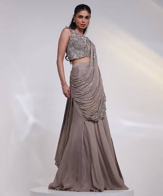 Grey embroidered silk co ord set 3