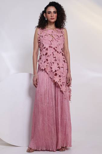 Pink embroidered chinon co ord set