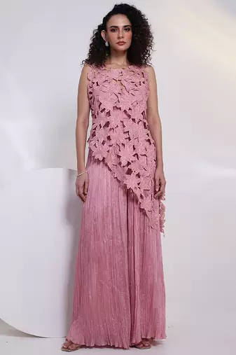 Pink embroidered chinon co ord set