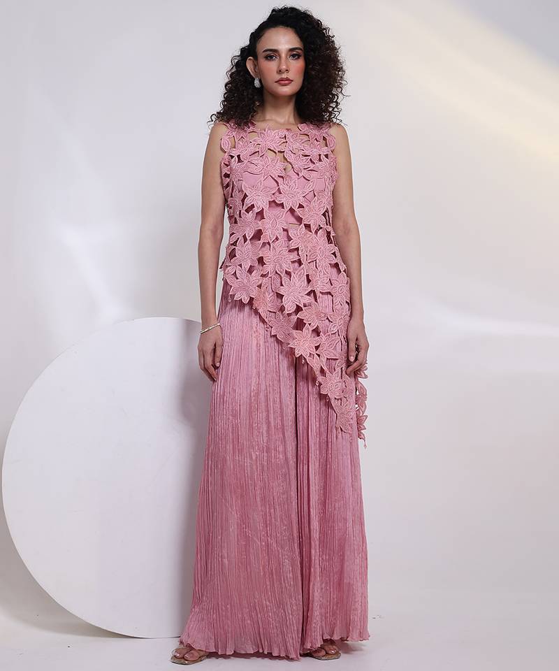 Pink embroidered chinon co ord set