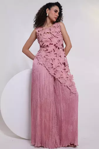 Pink embroidered chinon co ord set